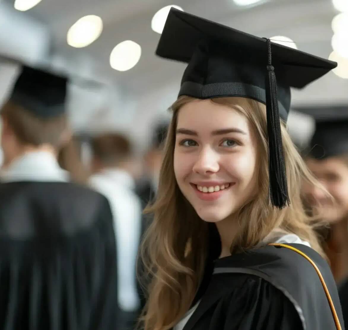 A young woman smiles at the camera at a graduation ceremony.
